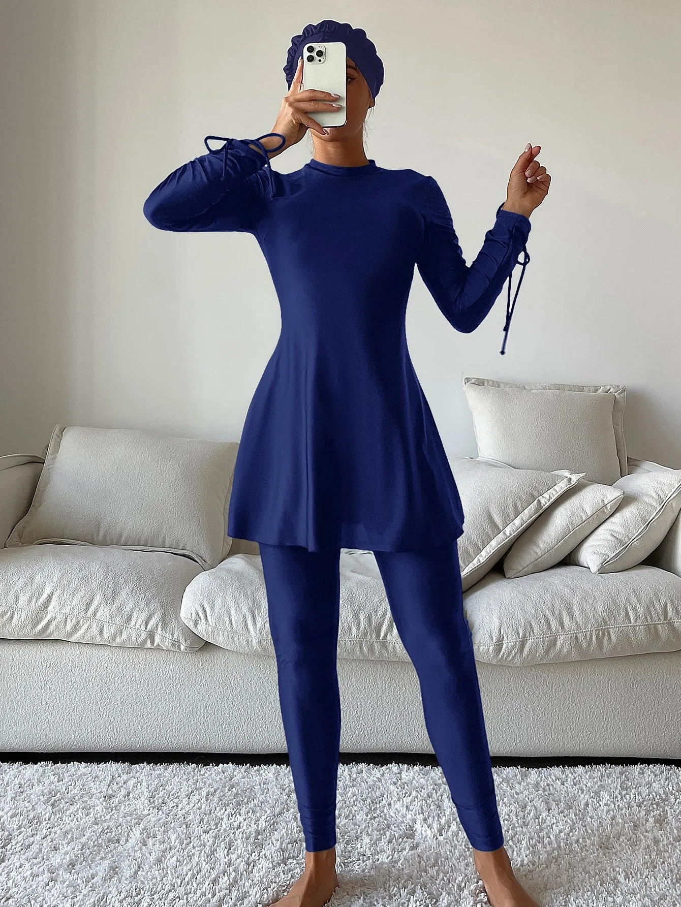 3pack Solid Drawstring Side Full Cover Burkini Swimsuit With Cap