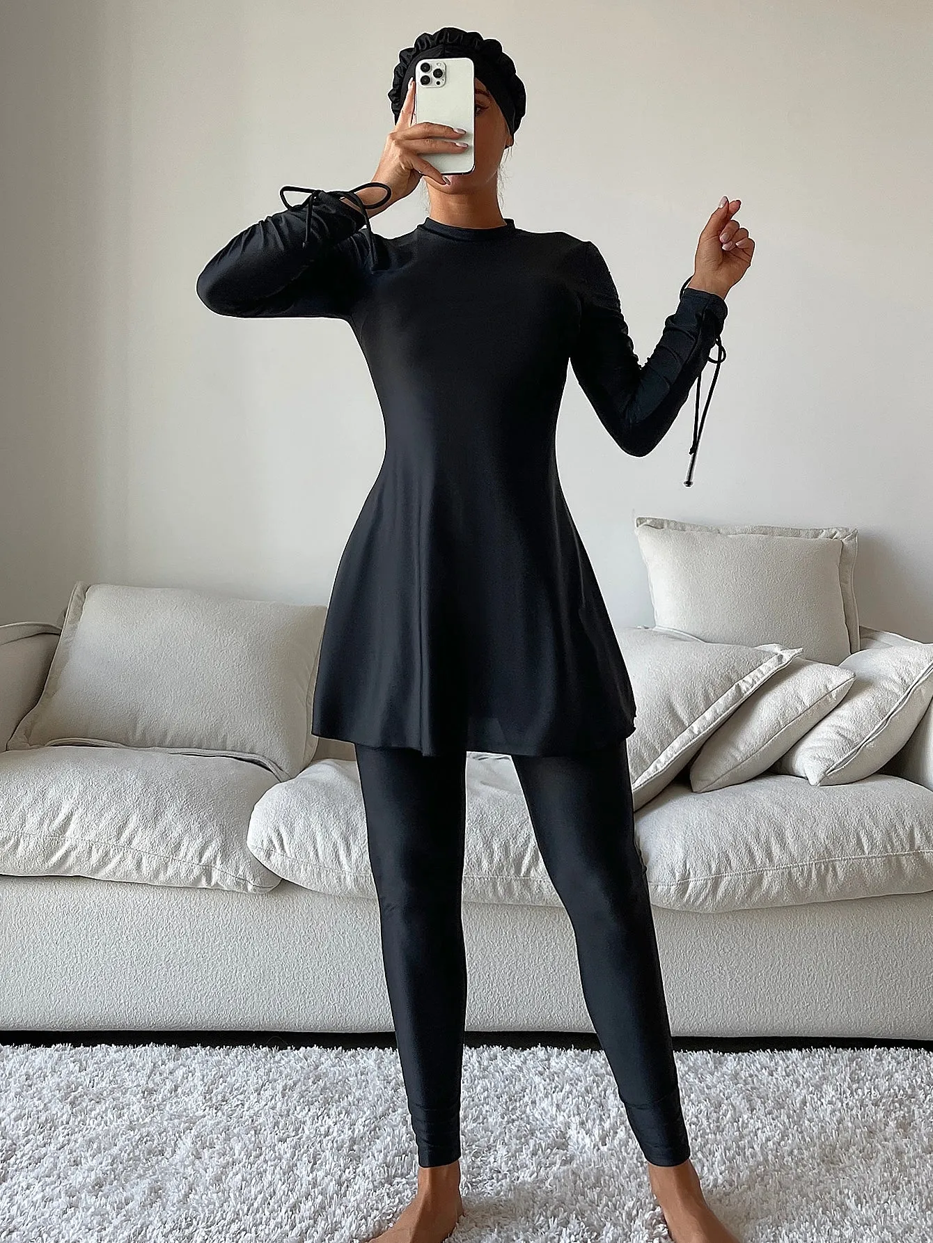 3pack Solid Drawstring Side Full Cover Burkini Swimsuit With Cap
