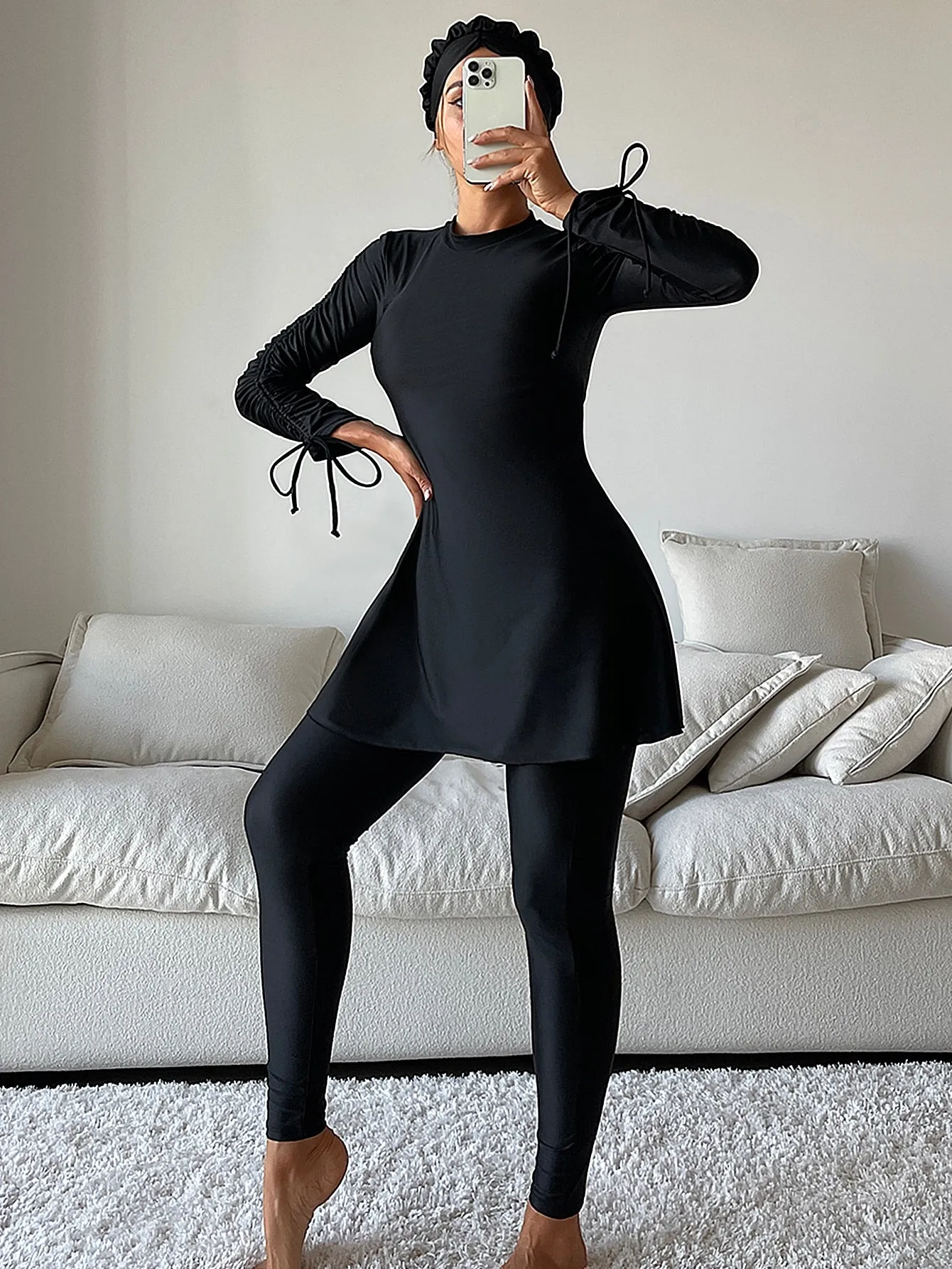 3pack Solid Drawstring Side Full Cover Burkini Swimsuit With Cap