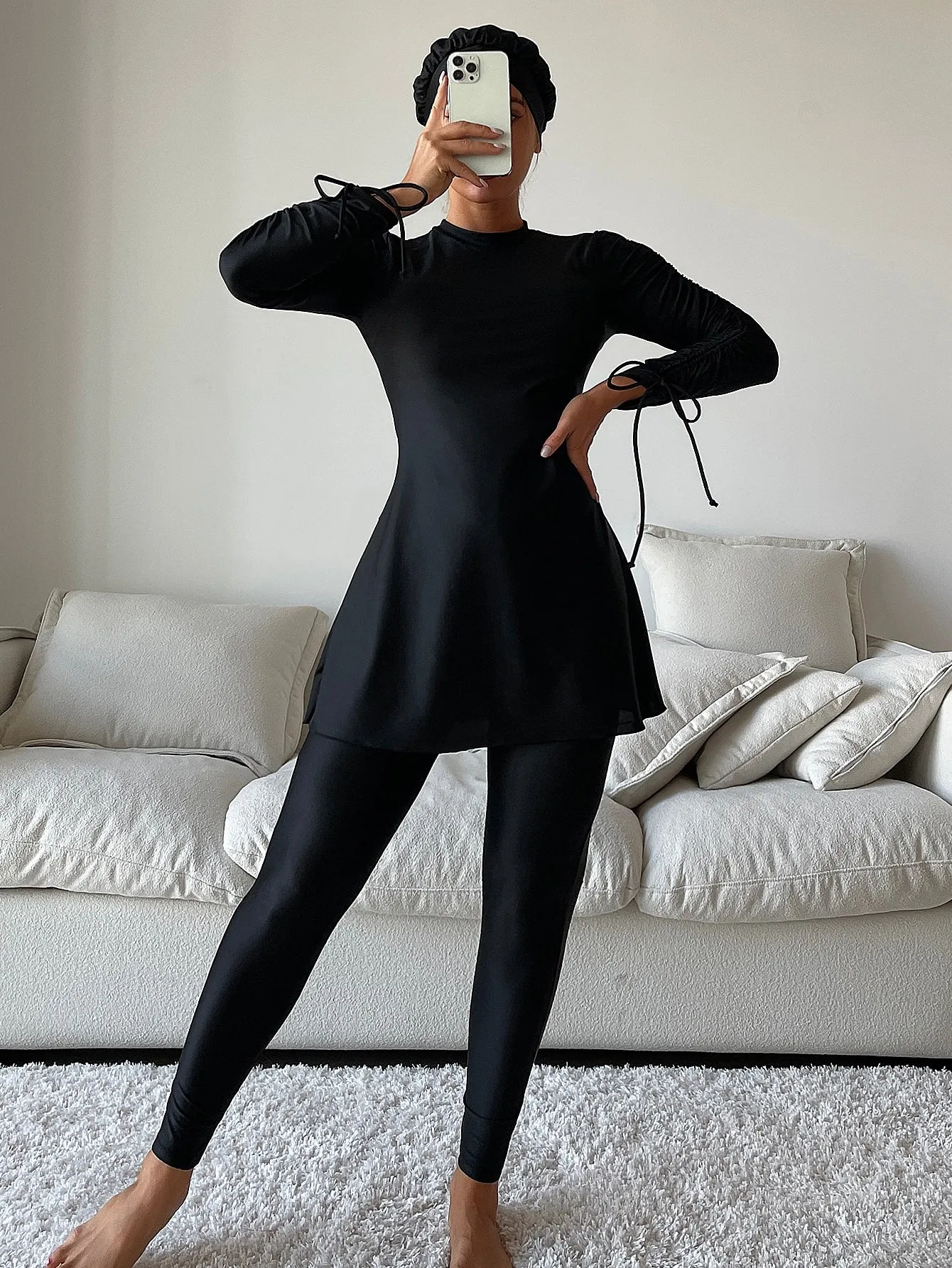 3pack Solid Drawstring Side Full Cover Burkini Swimsuit With Cap