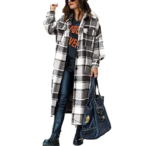 Ainangua Women's Casual Wool Blend Long Plaid Shirt Jacket Button Down Pocketed Shirt Shacket (Gray, XS)