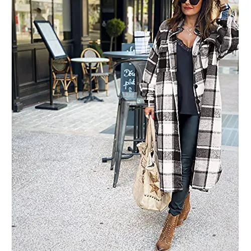 Ainangua Women's Casual Wool Blend Long Plaid Shirt Jacket Button Down Pocketed Shirt Shacket (Gray, XS)