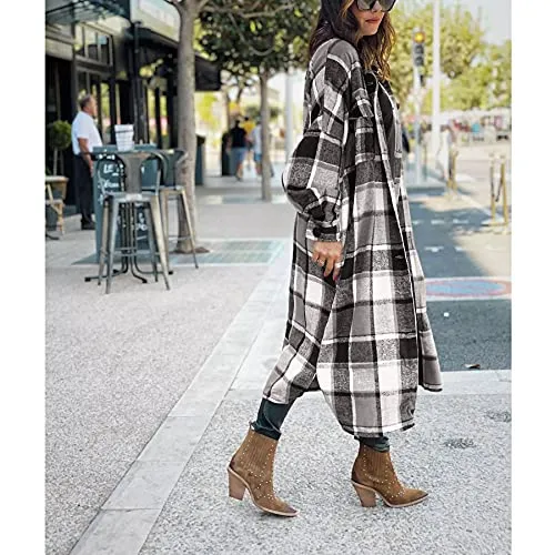 Ainangua Women's Casual Wool Blend Long Plaid Shirt Jacket Button Down Pocketed Shirt Shacket (Gray, XS)