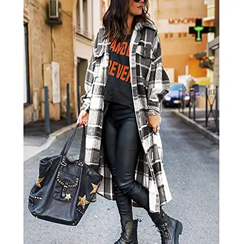 Ainangua Women's Casual Wool Blend Long Plaid Shirt Jacket Button Down Pocketed Shirt Shacket (Gray, XS)