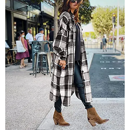 Ainangua Women's Casual Wool Blend Long Plaid Shirt Jacket Button Down Pocketed Shirt Shacket (Gray, XS)
