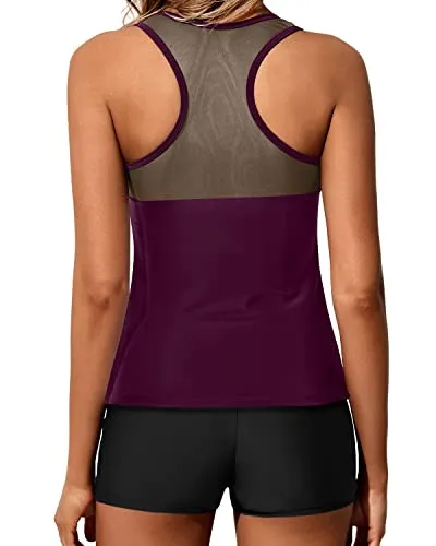 Athletic Racerback Tankini Bathing Suit Tops For Women Shorts-Maroon
