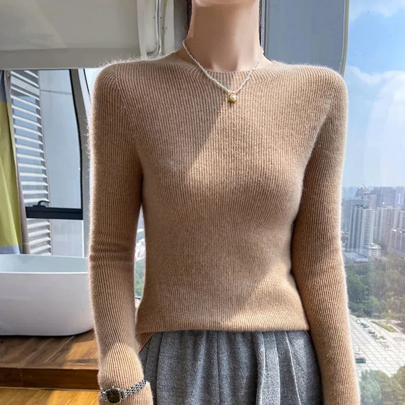 Autumn Winter New Women O-neck Solid Color Thick Pullover Cashmere Soft Slim Sweater