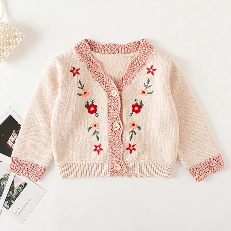 Baby Flowers Embroidered Long Sleeves Knitted Cardigans
