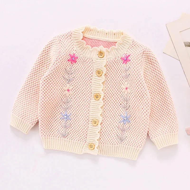 Baby Flowers Embroidered Long Sleeves Knitted Cardigans