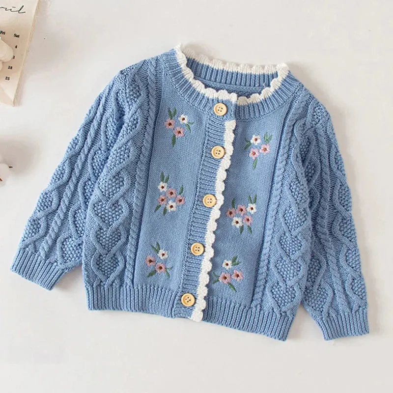 Baby Flowers Embroidered Long Sleeves Knitted Cardigans