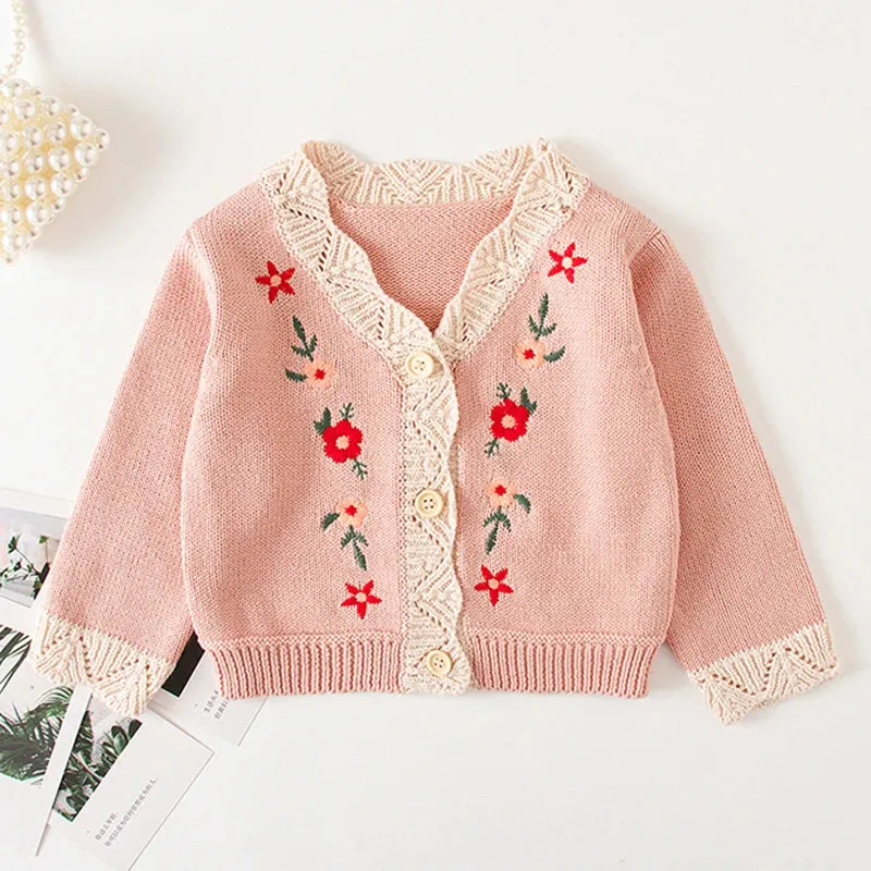 Baby Flowers Embroidered Long Sleeves Knitted Cardigans