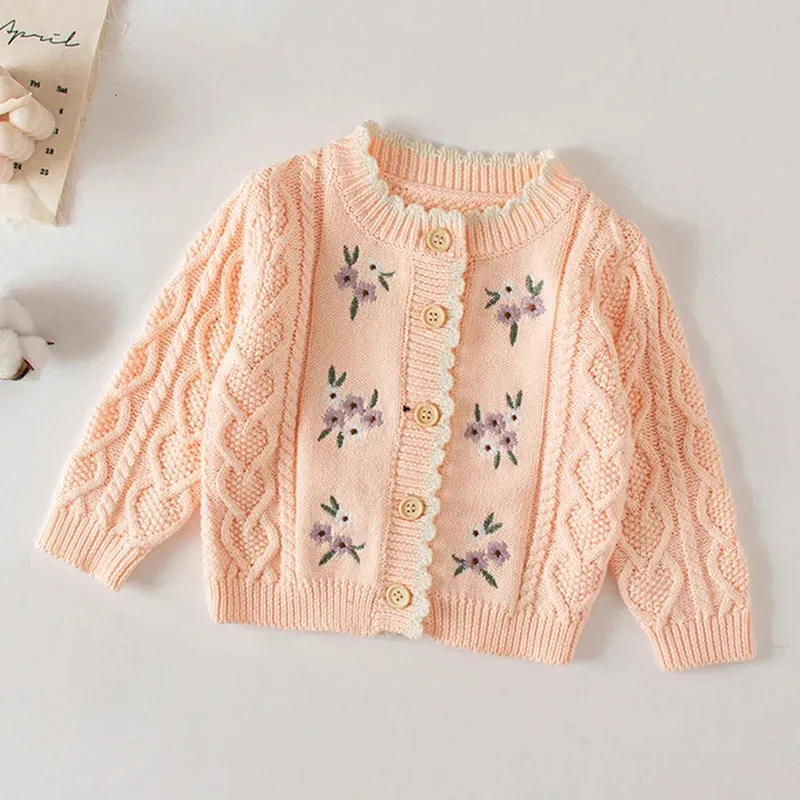 Baby Flowers Embroidered Long Sleeves Knitted Cardigans