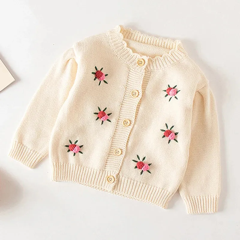 Baby Flowers Embroidered Long Sleeves Knitted Cardigans