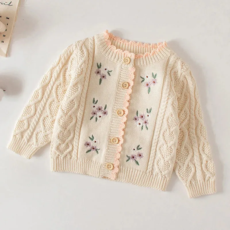 Baby Flowers Embroidered Long Sleeves Knitted Cardigans