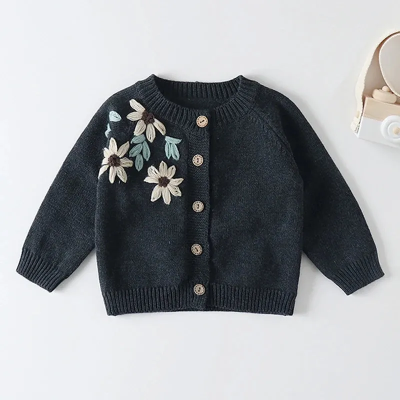 Baby Flowers Embroidered Long Sleeves Knitted Cardigans