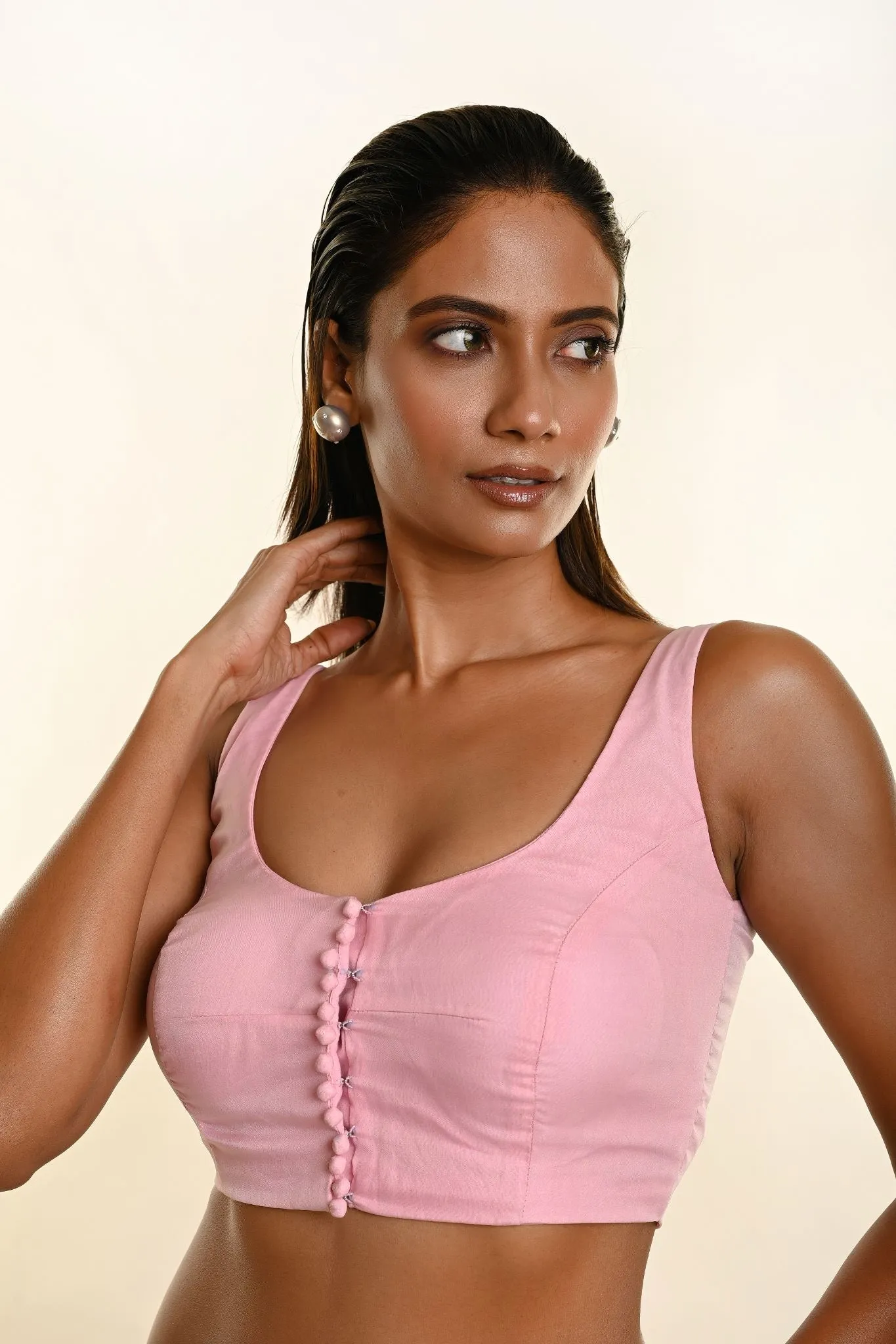 Baby Pink Sleeveless Organza Blouse with front open U Neckline