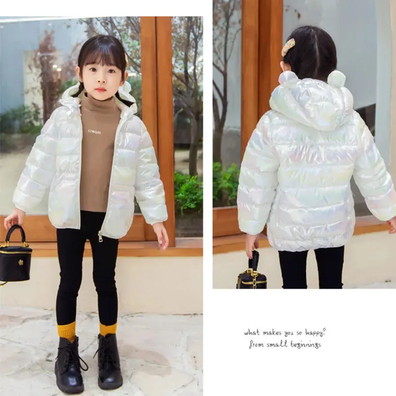 Bear Print Winter Hooded Jackets For Toddler Girls