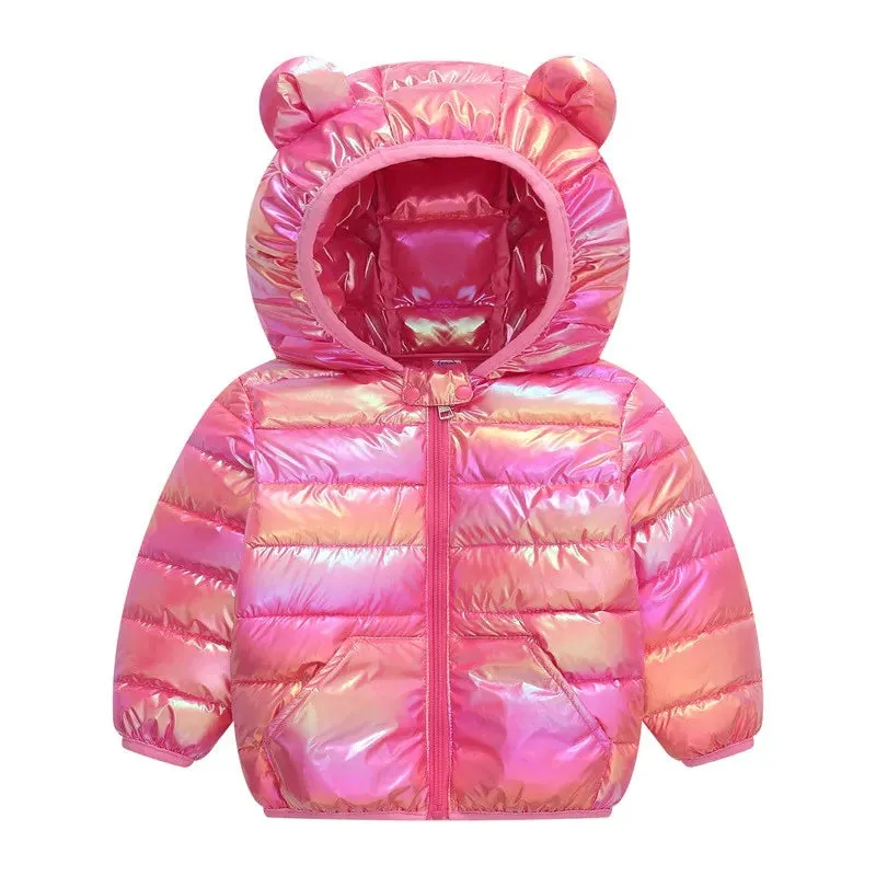 Bear Print Winter Hooded Jackets For Toddler Girls
