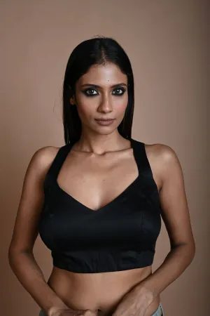Black Sleeveless Blouse in Cotton with V Neckline and Back Cutout