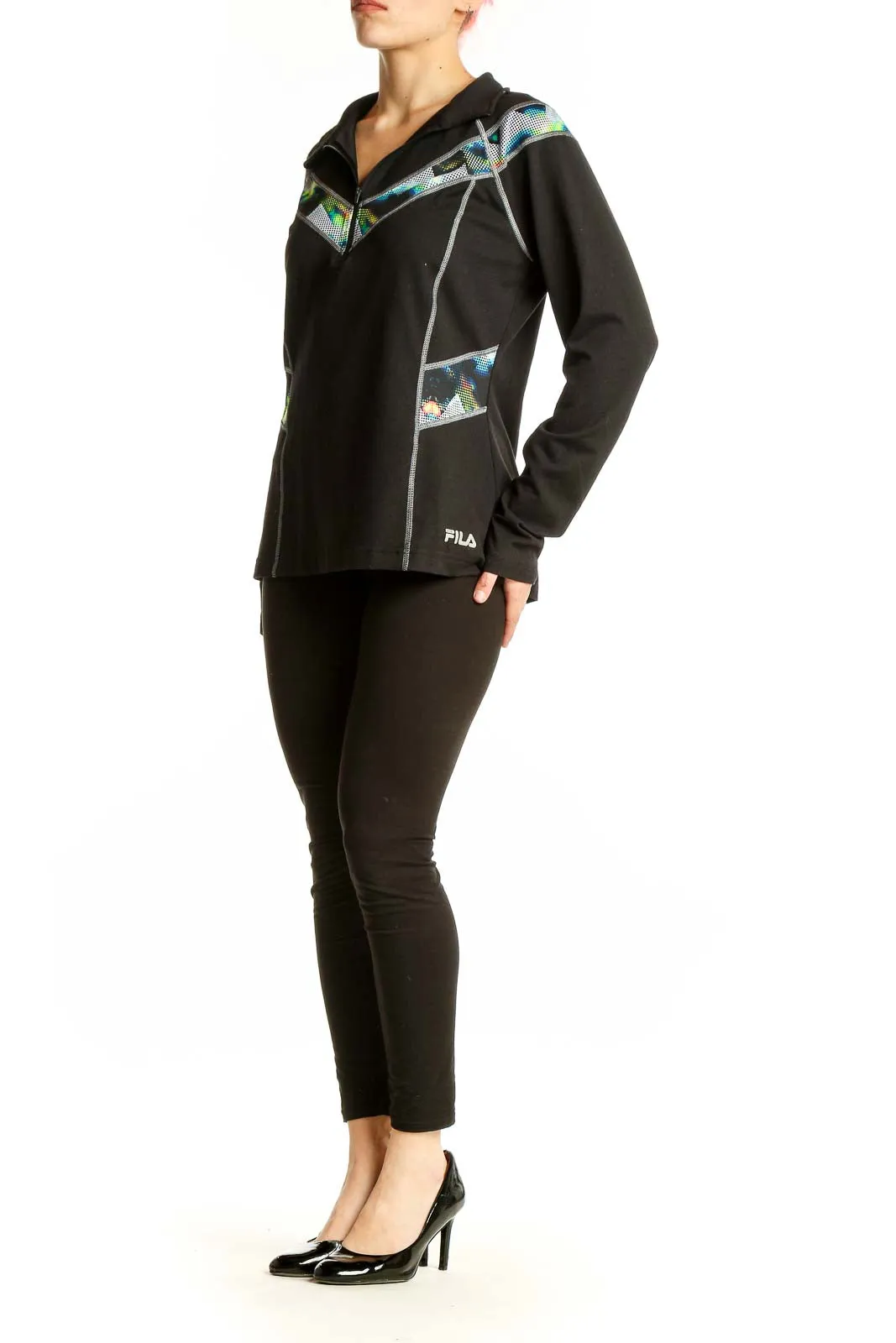 Black Sporty Half-Zip Pullover with Geometric Accents