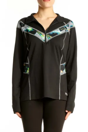 Black Sporty Half-Zip Pullover with Geometric Accents