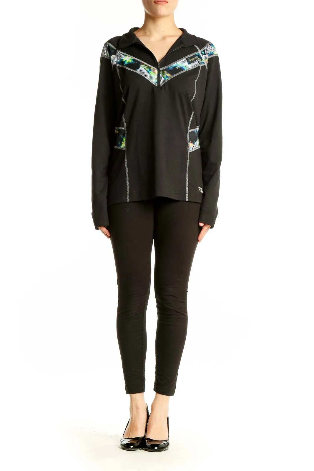Black Sporty Half-Zip Pullover with Geometric Accents