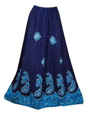 Blue Floral Renaissance Maxi Skirt, Hand Embroidered Batik Print Boho Skirts S/M/L