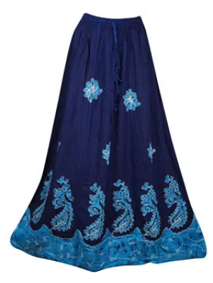 Blue Floral Renaissance Maxi Skirt, Hand Embroidered Batik Print Boho Skirts S/M/L
