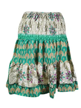 Boho Style Summer Ruched Elastic Skirt, Green Beach Hippy Recycle Silk Skirts S/M