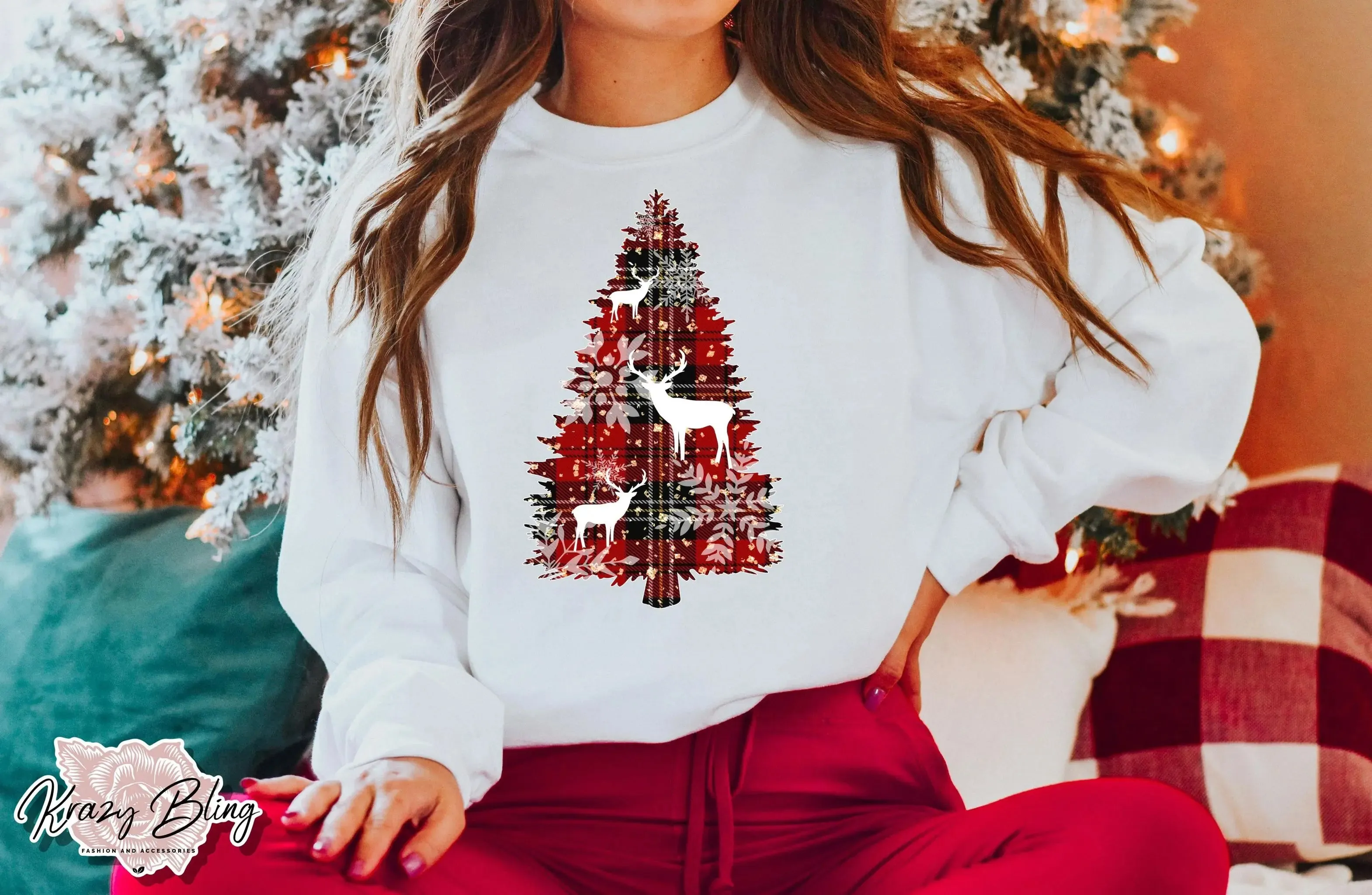 Buffalo Plaid Deer Tree Sweater