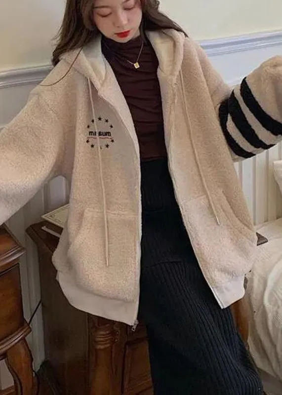 Casual Apricot Striped Patchwork Warm Fleece Thick Faux Fur Hooded Parka Winter