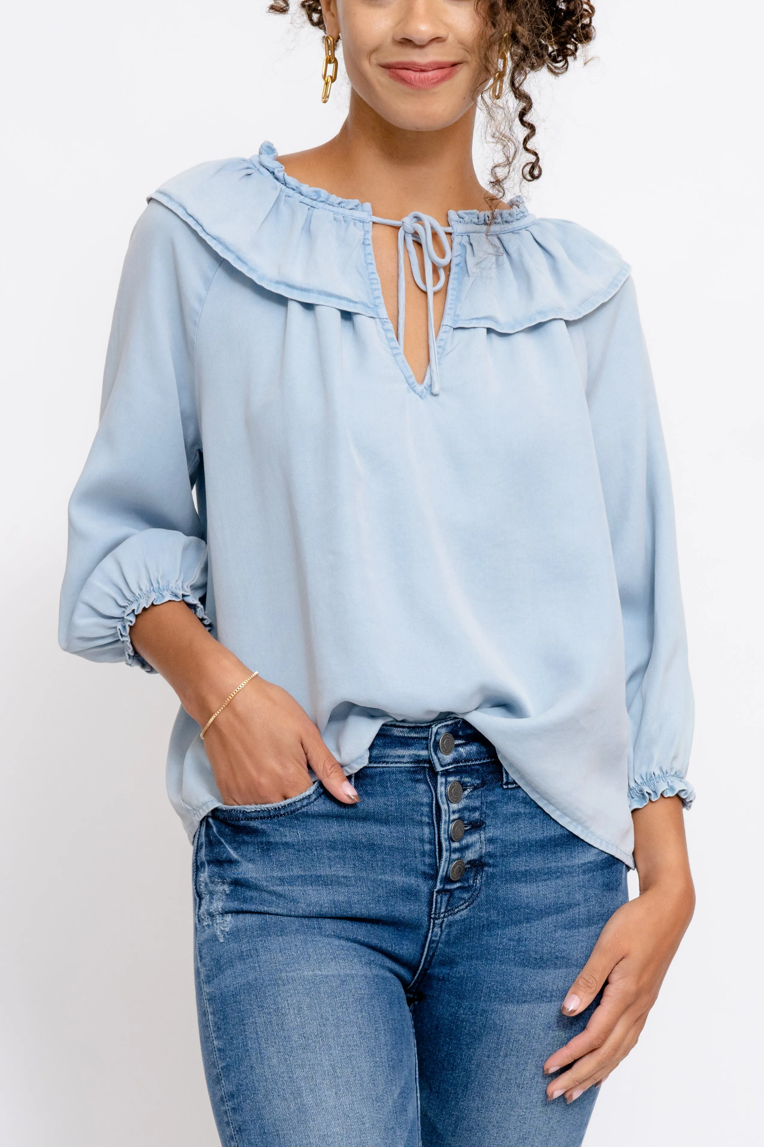 Catherine Chambray Ruffle Collar Blouse