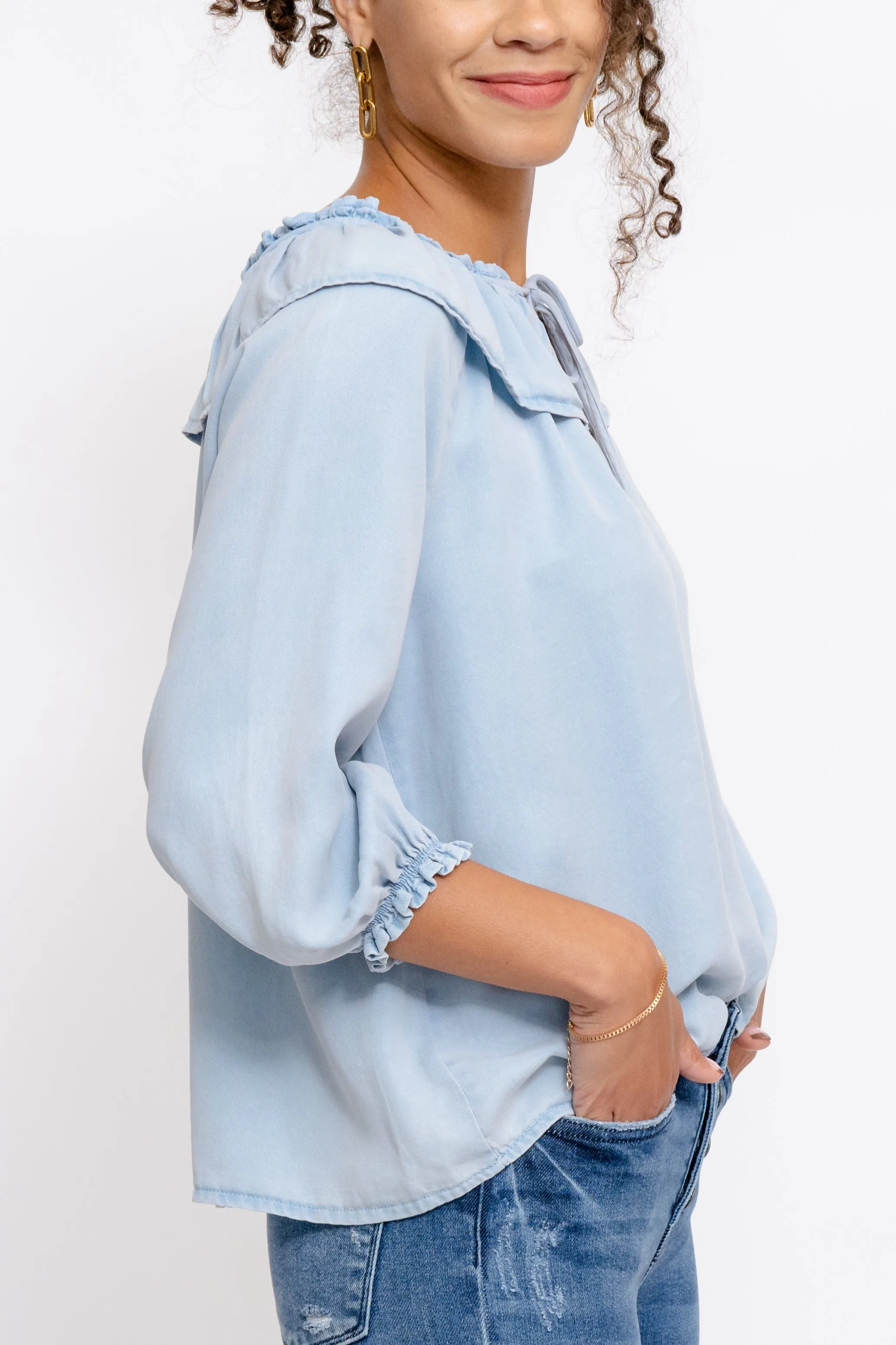 Catherine Chambray Ruffle Collar Blouse