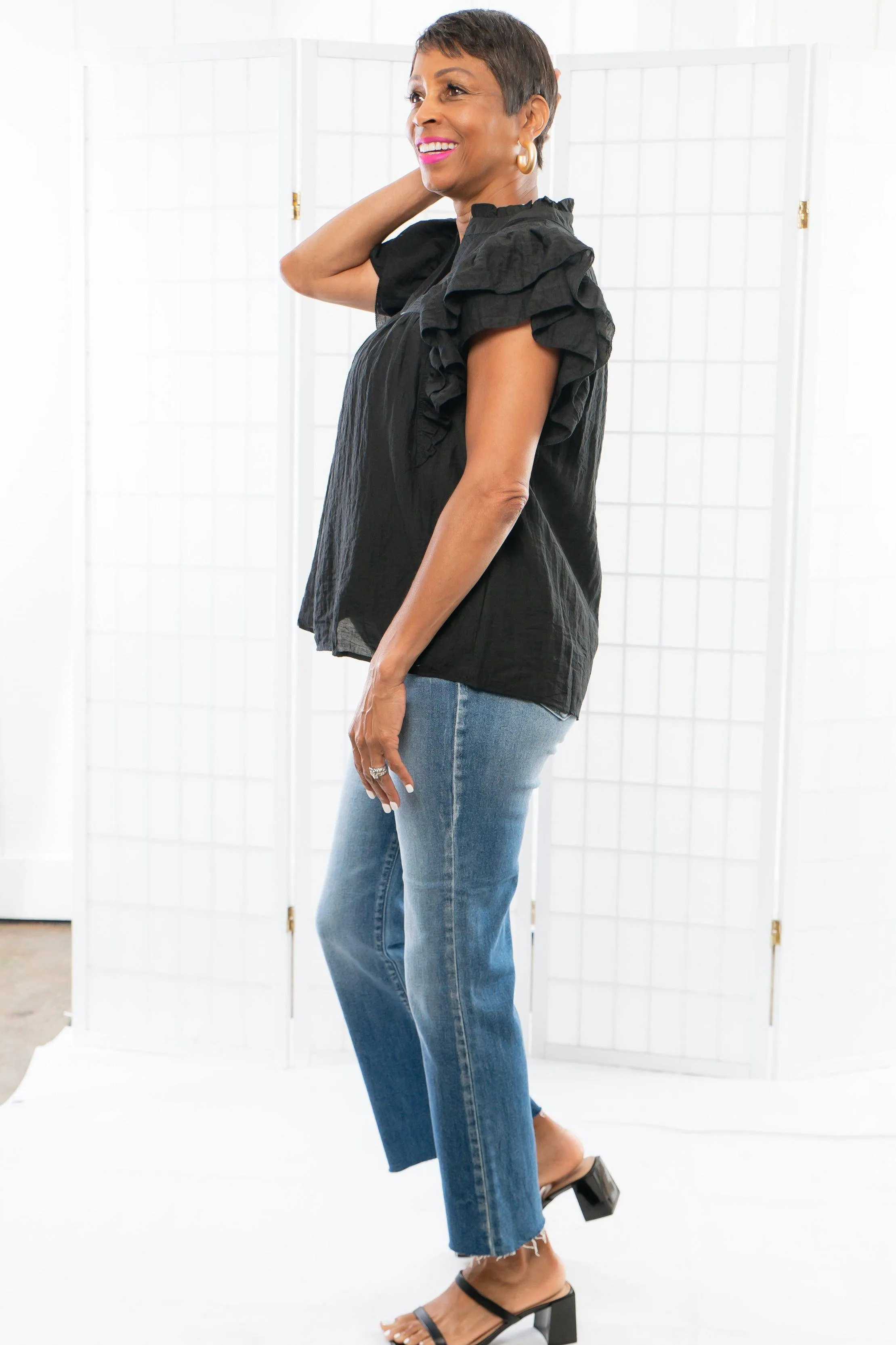 Come On By Black Ruffle Sleeve Top