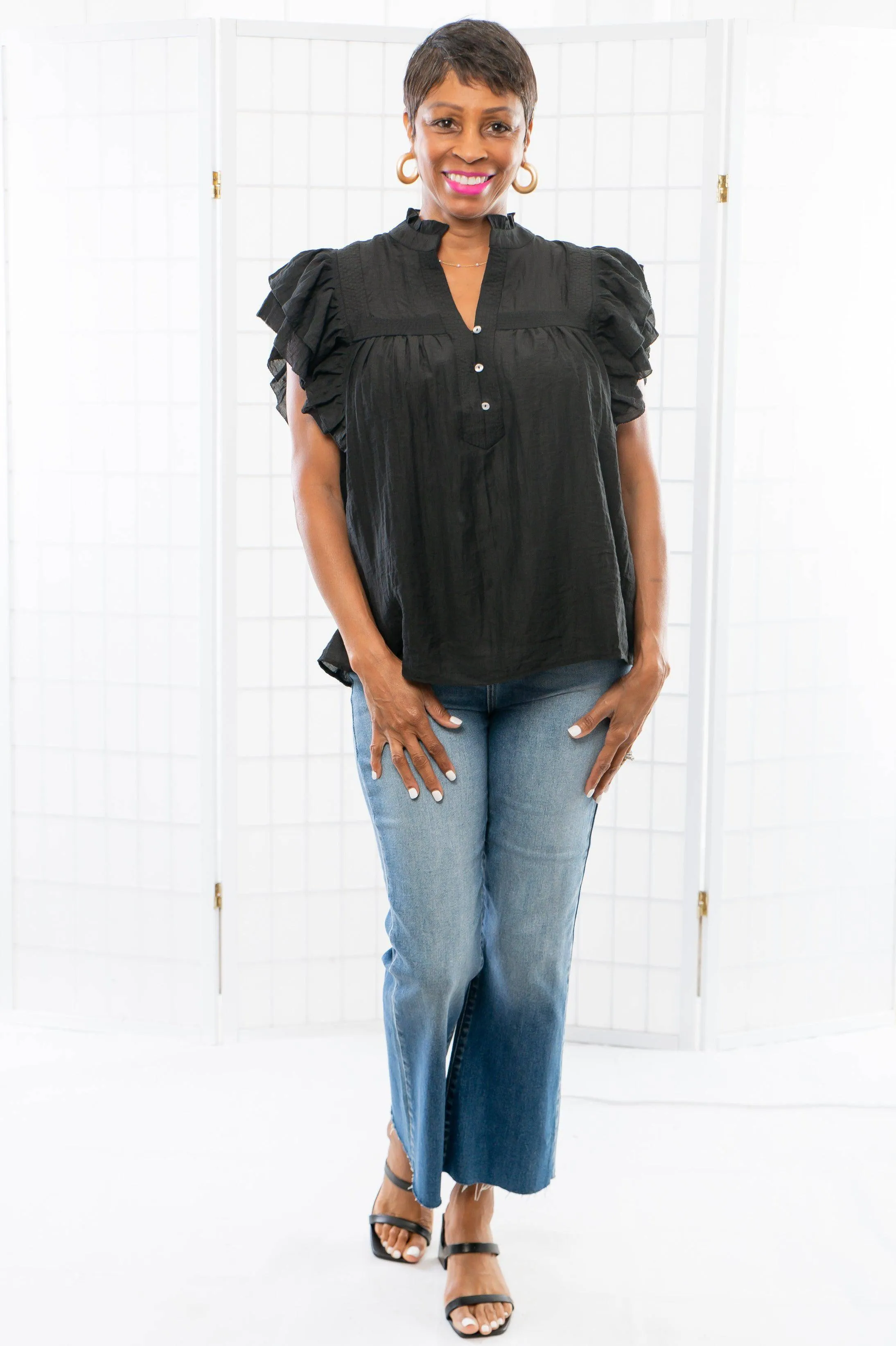 Come On By Black Ruffle Sleeve Top