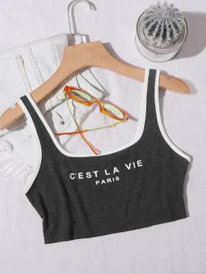 Contrast Binding Letter Graphic Crop Tank Top