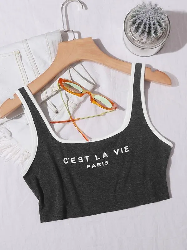 Contrast Binding Letter Graphic Crop Tank Top