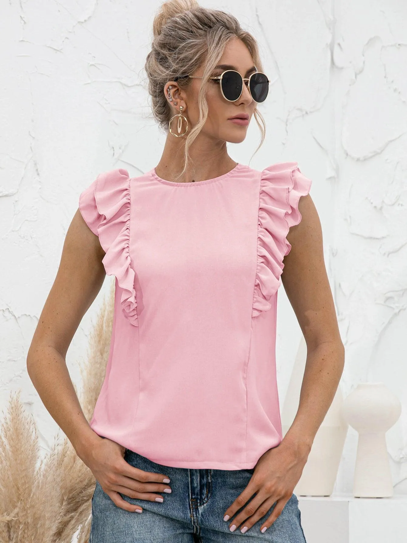 Daily Chic Flutter Sleeve Tied Open Back Top
