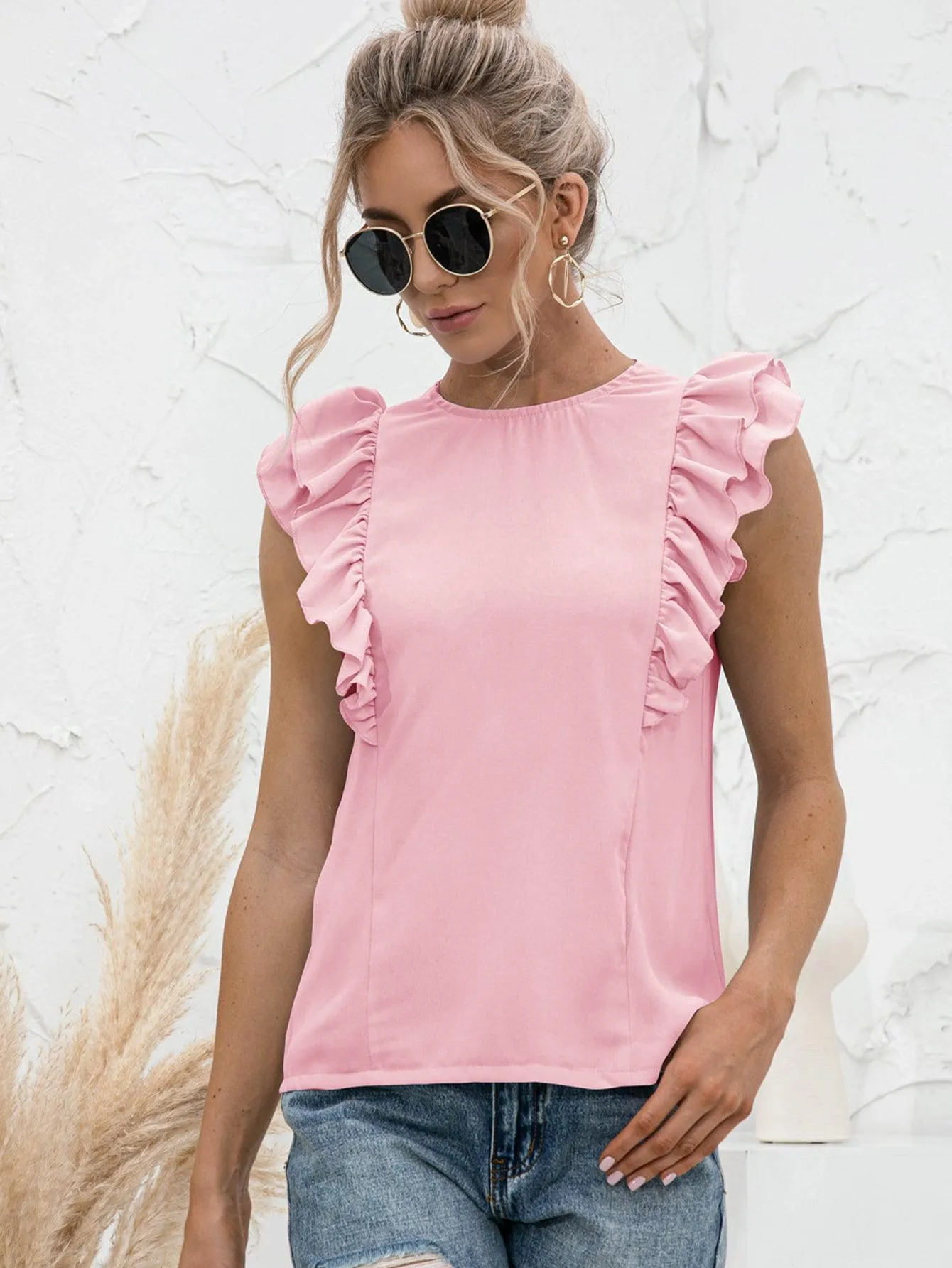 Daily Chic Flutter Sleeve Tied Open Back Top