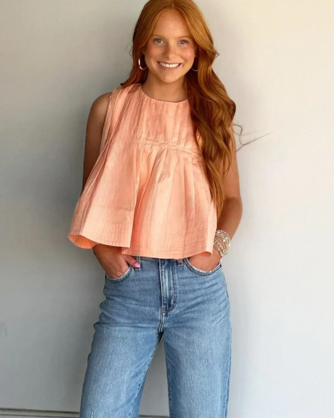 Day Off Pintuck Peach Sleeveless Top