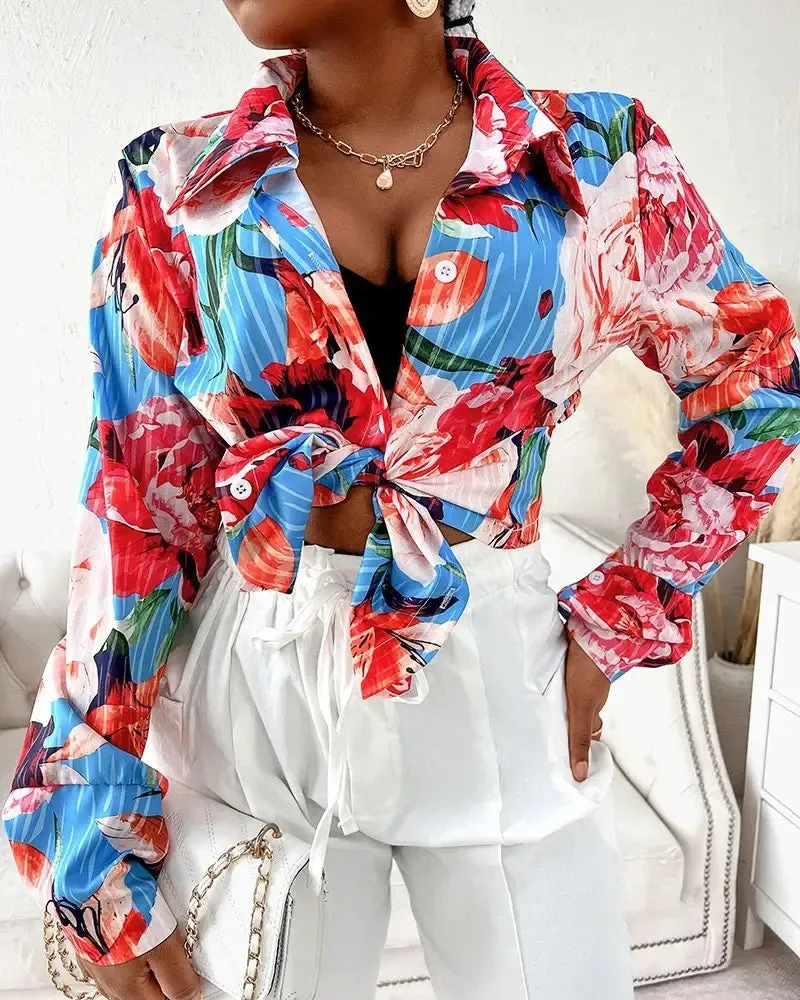 Deanwangkt - Floral Print Lantern Sleeve Button Down Shirt