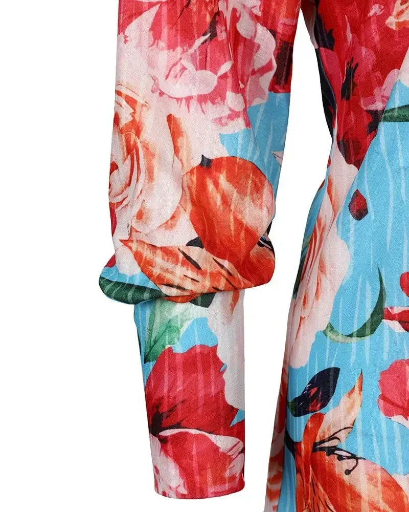 Deanwangkt - Floral Print Lantern Sleeve Button Down Shirt