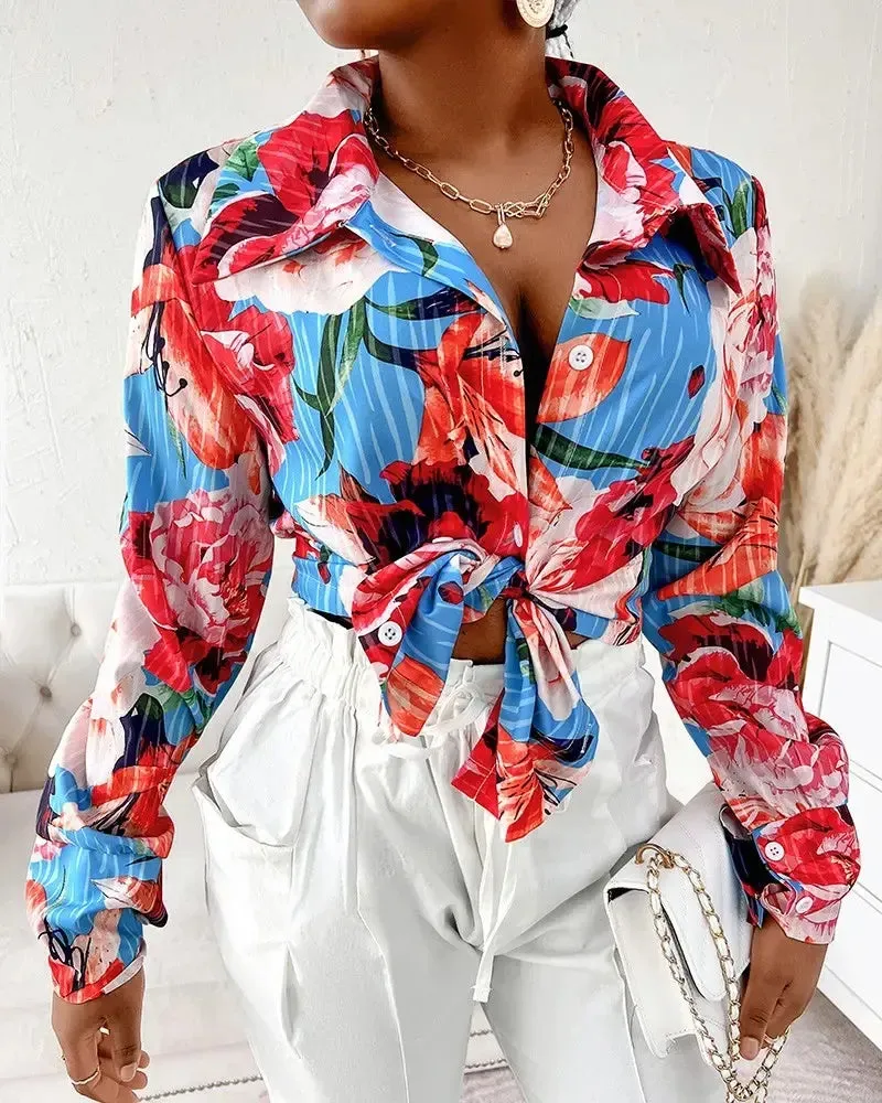 Deanwangkt - Floral Print Lantern Sleeve Button Down Shirt