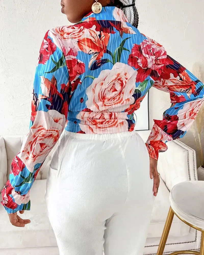 Deanwangkt - Floral Print Lantern Sleeve Button Down Shirt