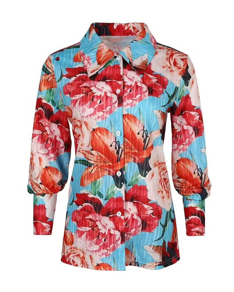 Deanwangkt - Floral Print Lantern Sleeve Button Down Shirt