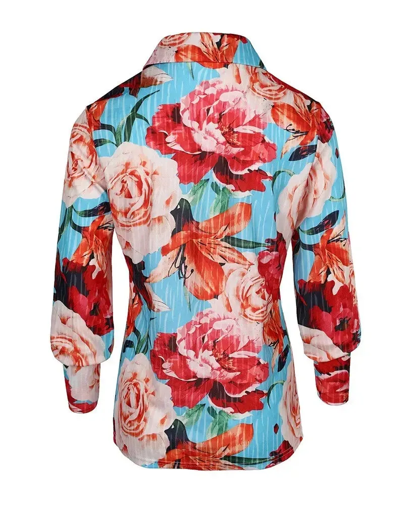 Deanwangkt - Floral Print Lantern Sleeve Button Down Shirt