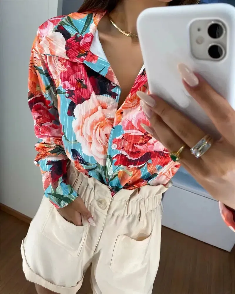 Deanwangkt - Floral Print Lantern Sleeve Button Down Shirt
