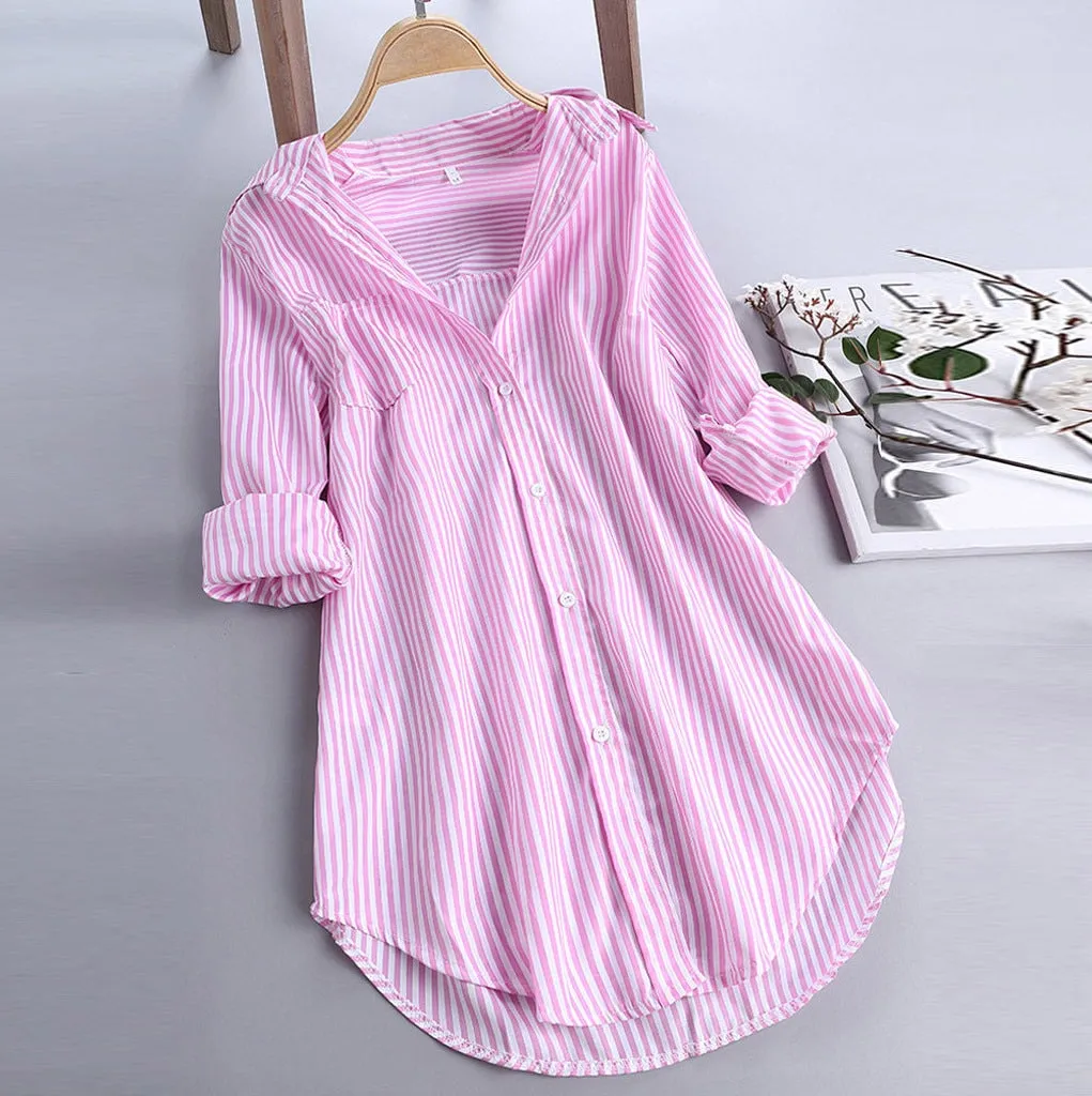 Fashion womens tops and blouses 5xl Women Chic Stripe Long Sleeve