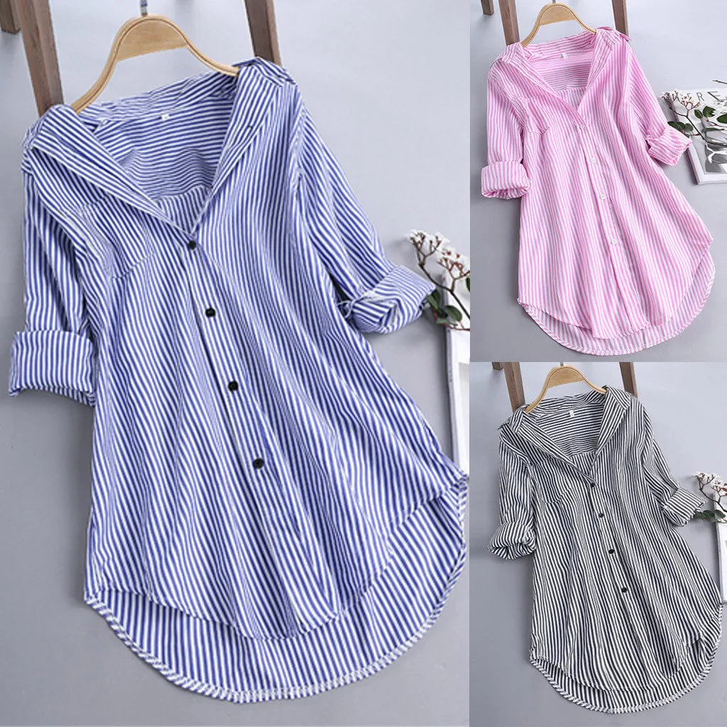 Fashion womens tops and blouses 5xl Women Chic Stripe Long Sleeve