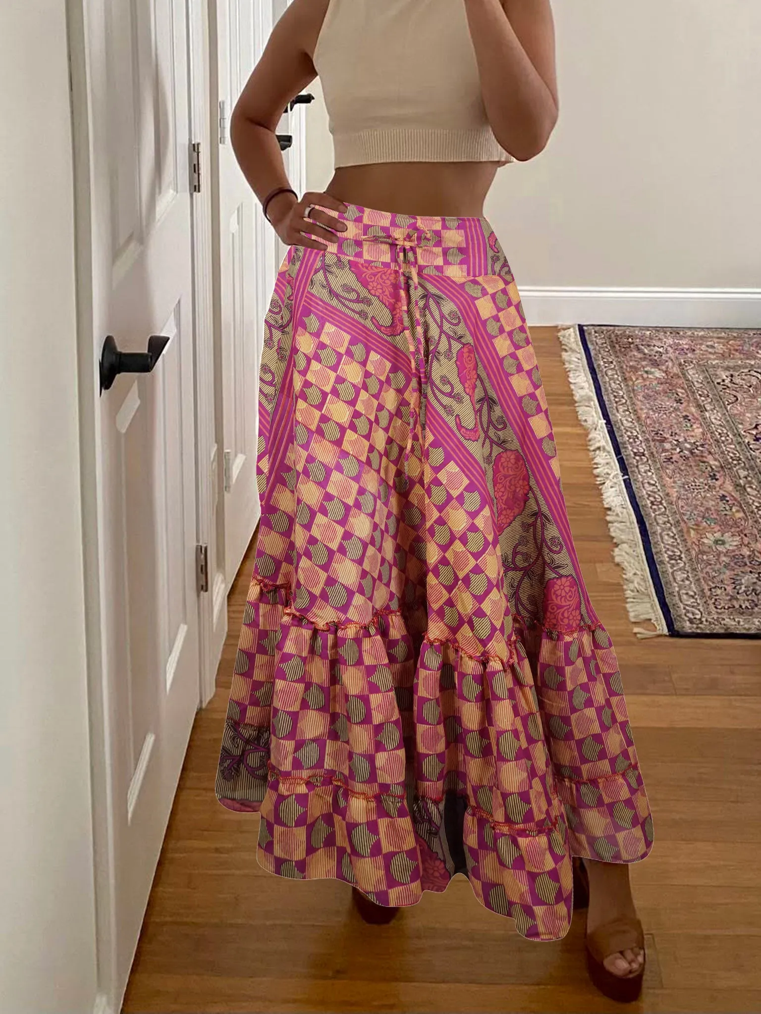 Flowy Maxi Skirt Mulberry Pink Floral Skirt Woman's Tiered Stylish Boho Skirt ML